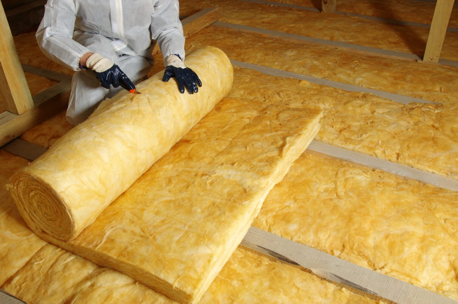 House,Attic,Insulation, ,Construction,Worker,Installing,Glass,Wool